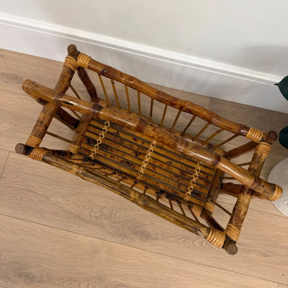 RARE Vintage 1980 Burnt Bamboo Magazine Rack Tortoise Shel Rattan Storage Basket